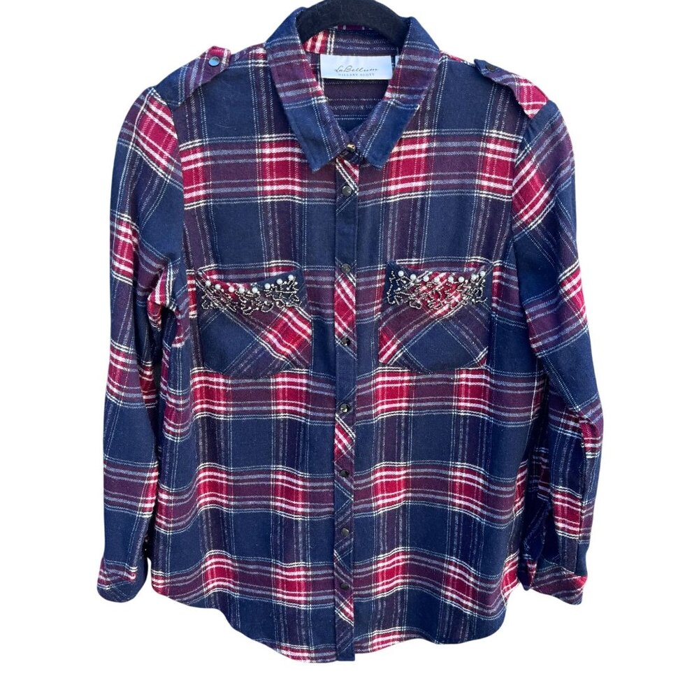 LaBellum Hillary Scott Plaid Flannel Shirt Western Boho Beaded Pearl Snap Navy S
